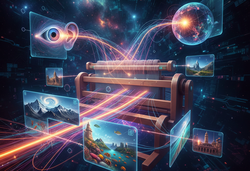A conceptual illustration of a classical wooden loom in deep space, weaving glowing data threads into floating digital screens that display global landscapes, eyes, and ears, symbolizing the intersection of technology and human perception.