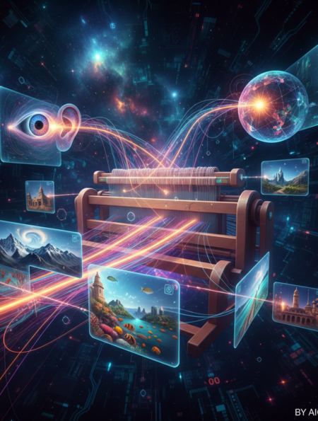 A conceptual illustration of a classical wooden loom in deep space, weaving glowing data threads into floating digital screens that display global landscapes, eyes, and ears, symbolizing the intersection of technology and human perception.