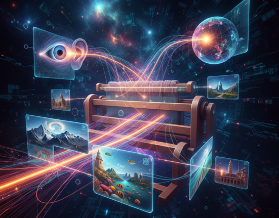 A conceptual illustration of a classical wooden loom in deep space, weaving glowing data threads into floating digital screens that display global landscapes, eyes, and ears, symbolizing the intersection of technology and human perception.