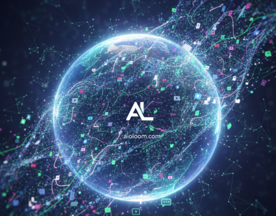 A high-tech digital sphere representing a global network, with glowing data particles and social media icons flowing like woven threads. The text "Don't just design to look good.