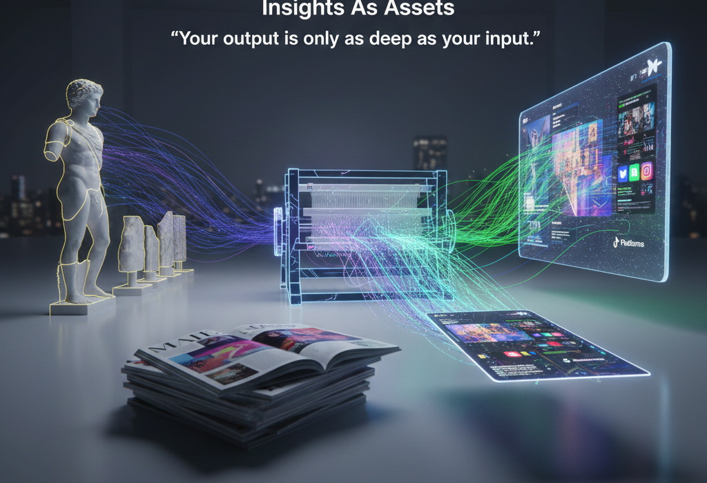 A sophisticated, minimalist split-screen visual. On the left, a classical marble sculpture (Museum); in the center, a stack of high-end editorial magazines (Magazine); on the right, floating holographic social media interfaces (Platforms). Luminous digital threads connect these three elements, weaving them into a central glowing light, symbolizing the creative process of aioloom.