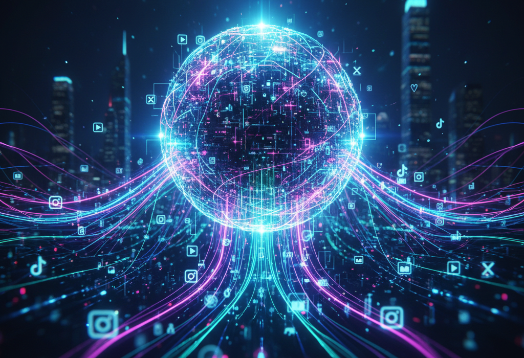 A vibrant digital globe at the center, surrounded by neon data streams resembling woven threads, flowing outwards into a futuristic cityscape.