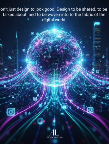 A vibrant digital globe at the center, surrounded by neon data streams resembling woven threads, flowing outwards into a futuristic cityscape.