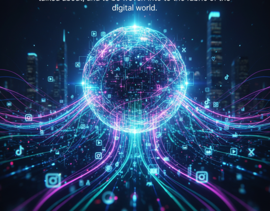 A vibrant digital globe at the center, surrounded by neon data streams resembling woven threads, flowing outwards into a futuristic cityscape.