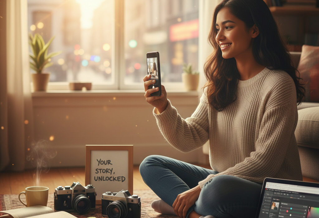 A young woman sitting in a sunlit modern living room, capturing a photo with her smartphone. Surrounding her are professional vintage cameras, a laptop displaying photo editing software, and a tablet, symbolizing digital photography as the most accessible entry point for modern creative content.