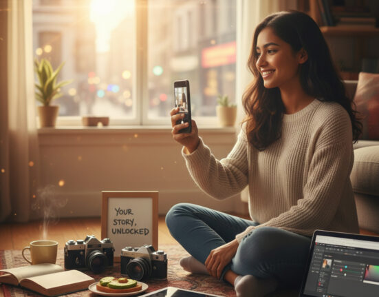 A young woman sitting in a sunlit modern living room, capturing a photo with her smartphone. Surrounding her are professional vintage cameras, a laptop displaying photo editing software, and a tablet, symbolizing digital photography as the most accessible entry point for modern creative content.
