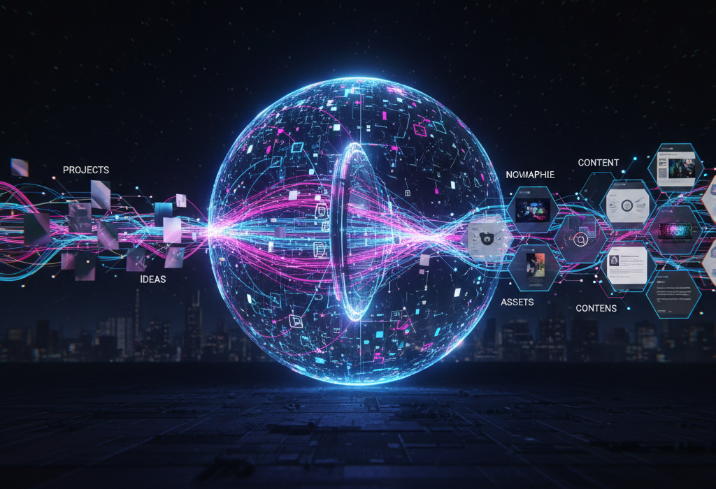 A futuristic, interconnected digital ecosystem visualized as a glowing 3D grid. Each node represents a project, emitting vibrant light threads that weave into a continuous fabric. The aioloom logo is subtly integrated into the network.