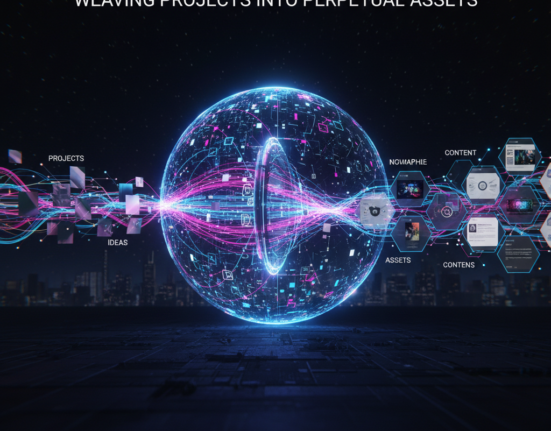 A futuristic, interconnected digital ecosystem visualized as a glowing 3D grid. Each node represents a project, emitting vibrant light threads that weave into a continuous fabric. The aioloom logo is subtly integrated into the network.