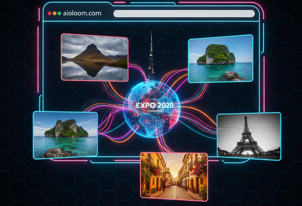 A high-contrast, cinematic photograph blending a vibrant natural landscape with modern architectural design at sunset, representing the fusion of tradition and innovation in global tourism marketing.