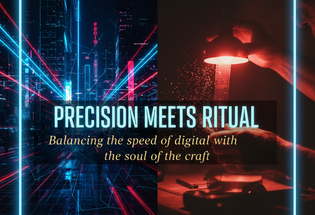 A cinematic close-up blending digital sensor technology with vintage camera gears, representing the fusion of modern precision and traditional photography ritual for aioloom visual experiments.