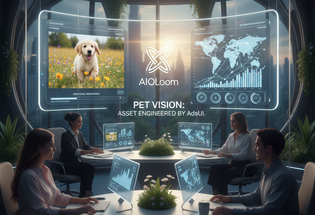 A futuristic control room scene by AIOloom, featuring professional strategists deconstructing pet market data on neon holographic screens. A puppy image is integrated into a data distribution interface, illustrating the AdsUI "Pet Vision" strategic framework.