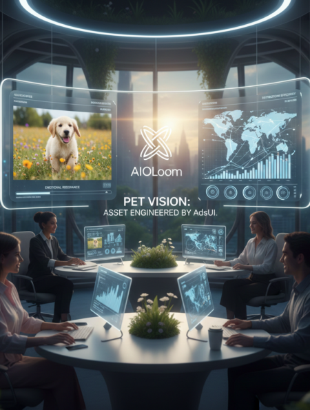 A futuristic control room scene by AIOloom, featuring professional strategists deconstructing pet market data on neon holographic screens. A puppy image is integrated into a data distribution interface, illustrating the AdsUI "Pet Vision" strategic framework.