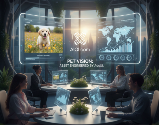 A futuristic control room scene by AIOloom, featuring professional strategists deconstructing pet market data on neon holographic screens. A puppy image is integrated into a data distribution interface, illustrating the AdsUI "Pet Vision" strategic framework.